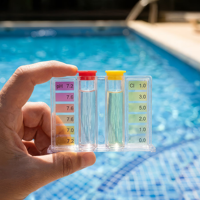 Pool water testing kit used to measure pH and chlorine levels